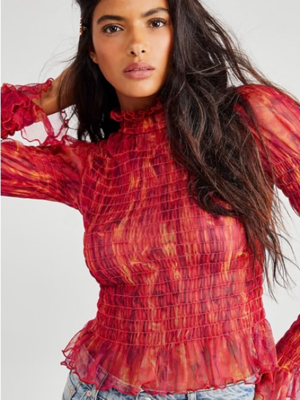 Free People Sheer Smocked Ruffle Top in Red and Orange Tie-Dye